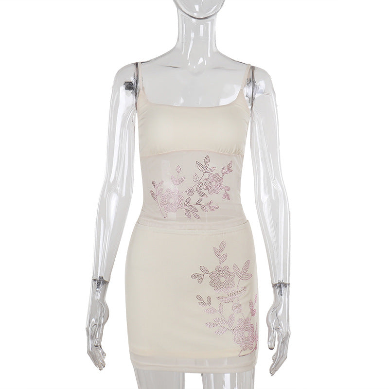 Rhinestone Floral Camisole & Mini Skirt Co-ord — Women’s Embellished Two-Piece