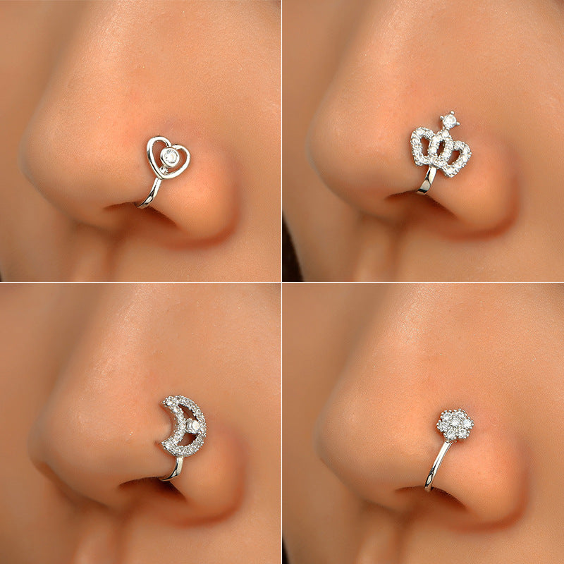 Zircon Star & Heart U-Clip Nose Cuff — No-Pierce Nose Jewellery